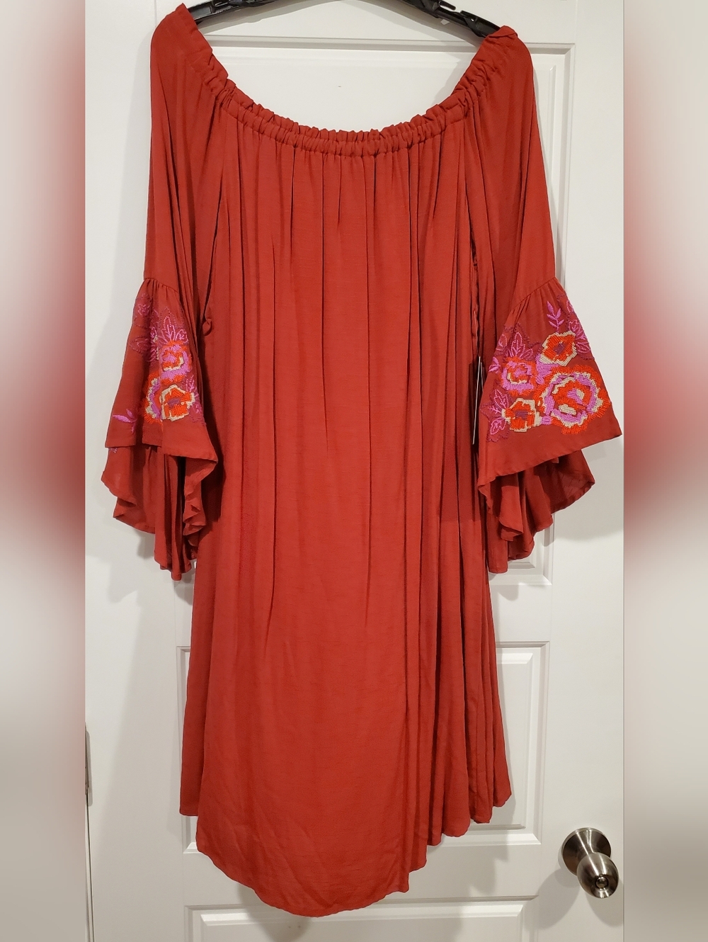 Rust Off-Shoulder Embroidered Bell-Sleeve Dress - Women